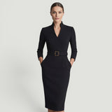 Vestido Midi Pencil Cuello Mandarín Cinturón