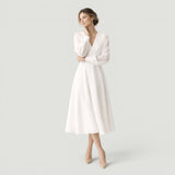 Vestido Midi Boda Manga Bishop Escote V