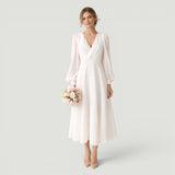 Vestido Midi Boda Manga Bishop Escote V