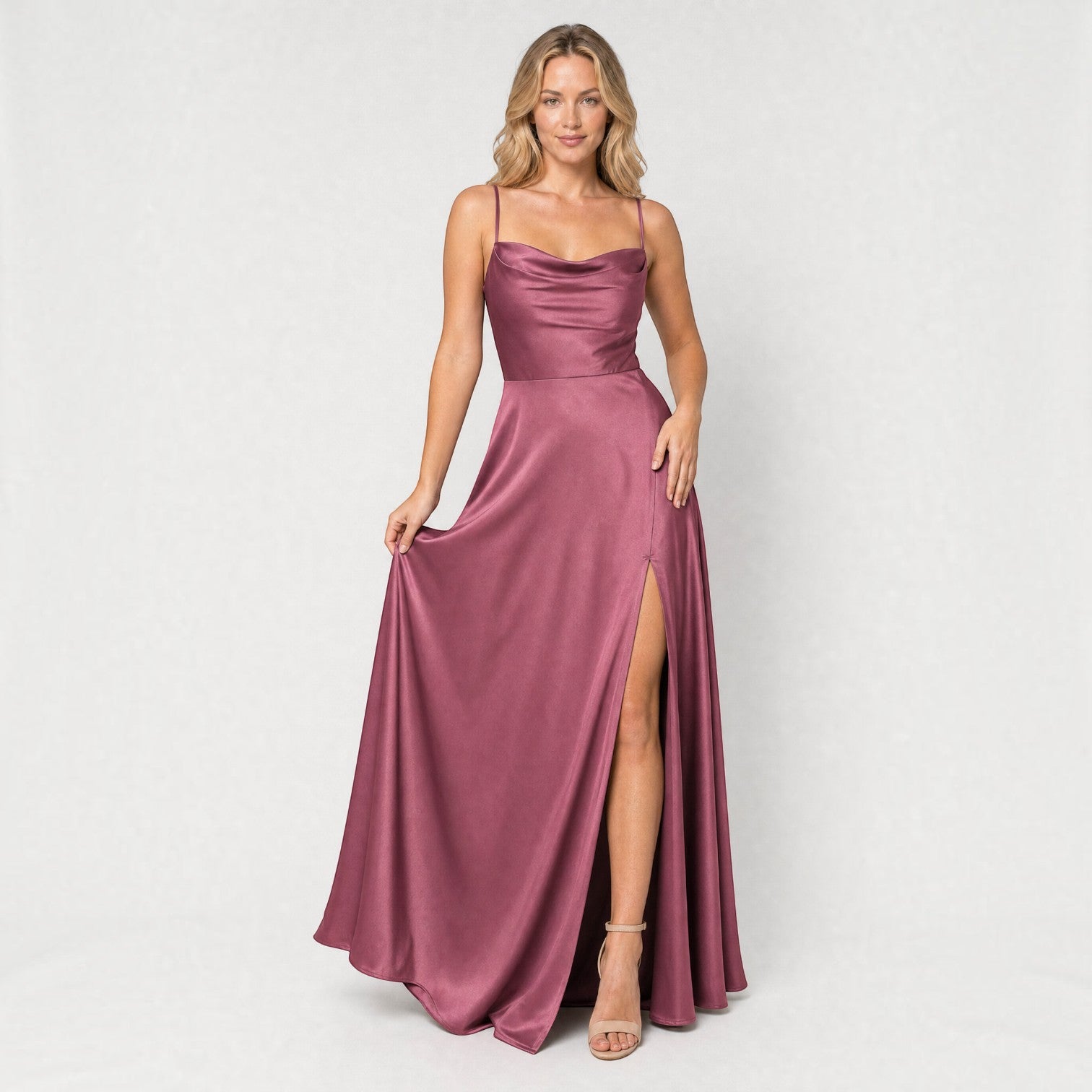 Vestido Largo Satén Escote Cowl Abertura