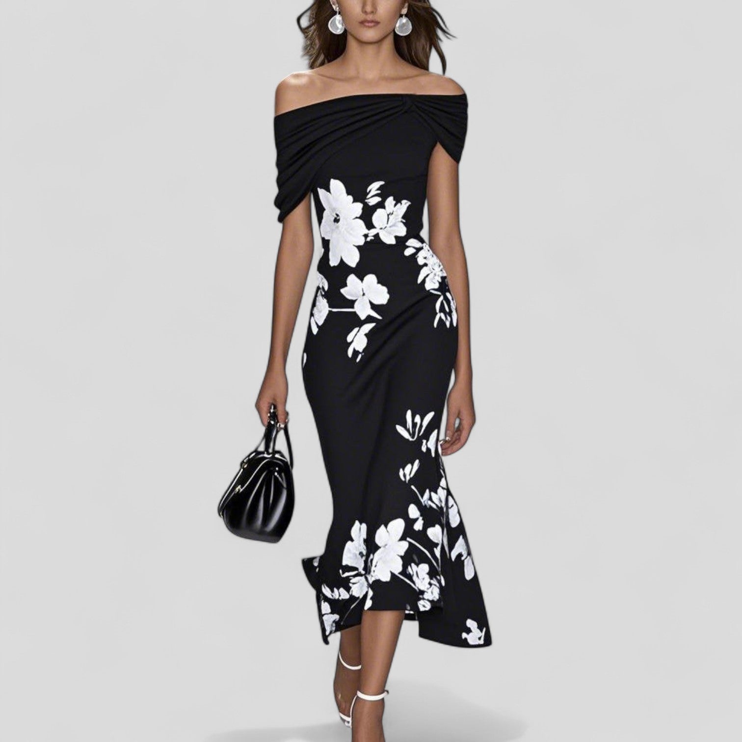 Vestido Midi Off Shoulder Floral Drapeado Asimétrico
