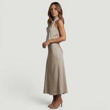 Vestido Midi Satén Halter Cuello Torcido