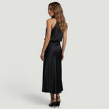 Vestido Midi Satén Halter Cuello Torcido
