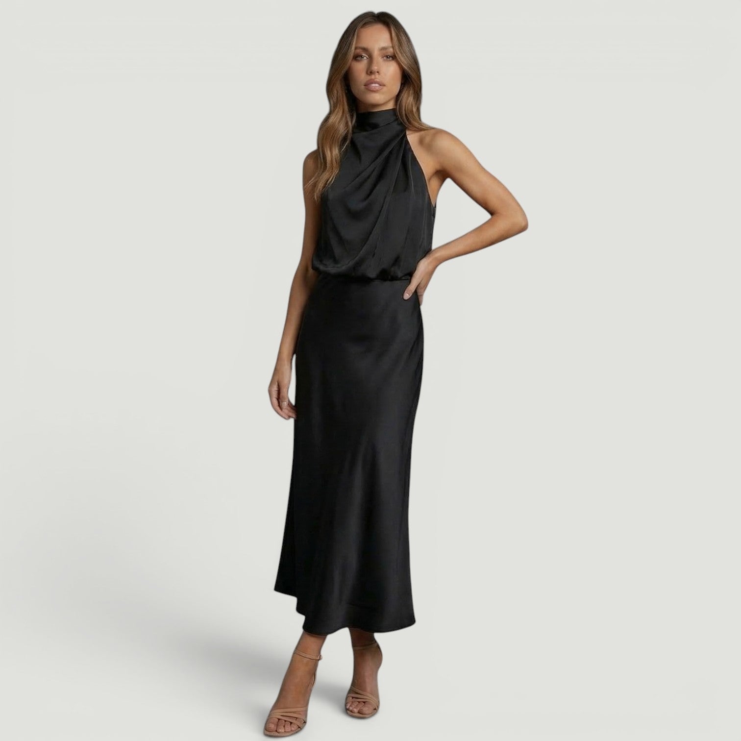 Vestido Midi Satén Halter Cuello Torcido