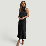 Vestido Midi Satén Halter Cuello Torcido