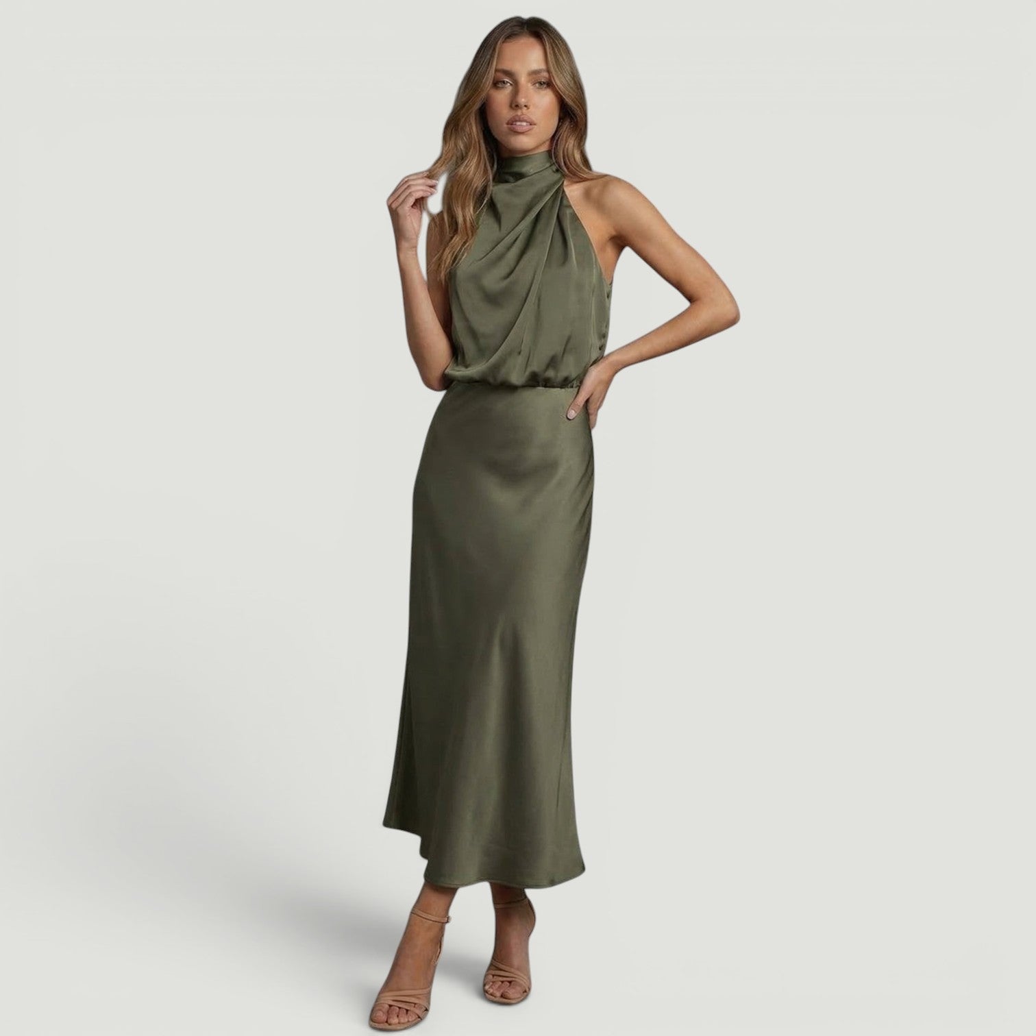 Vestido Midi Satén Halter Cuello Torcido