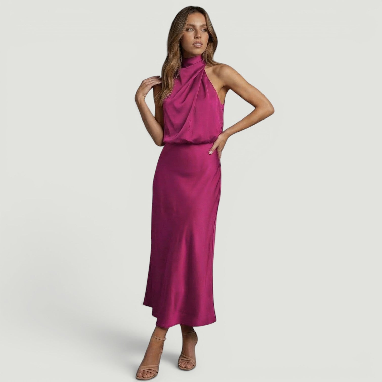 Vestido Midi Satén Halter Cuello Torcido