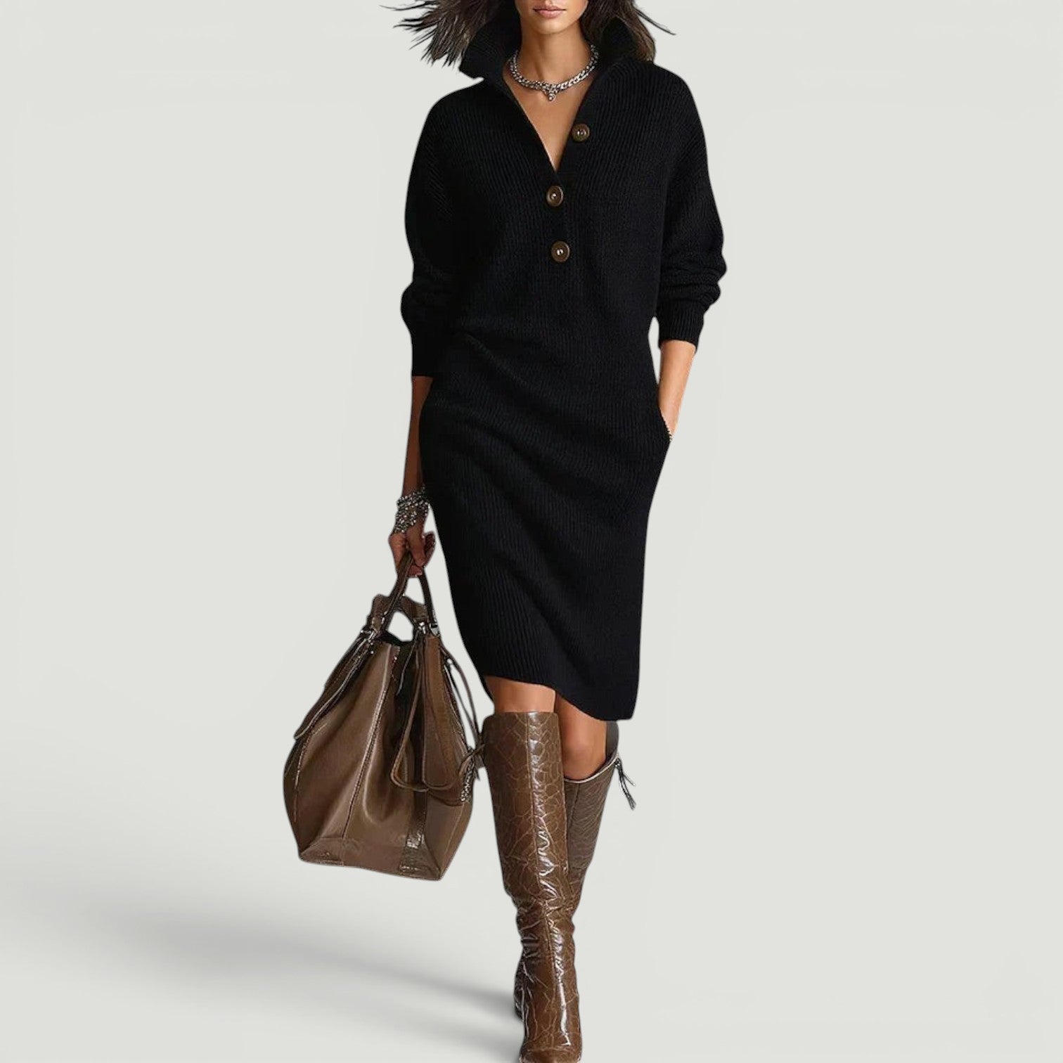 Vestido Midi Punto Canelado Cuello Polo Botones