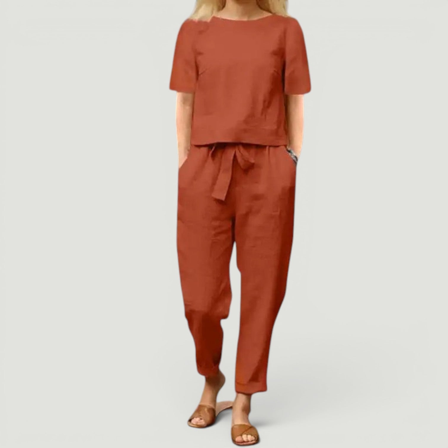 Conjunto Lino Top Manga Corta Pantalón Tapered Mujer
