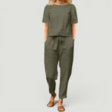 Conjunto Lino Top Manga Corta Pantalón Tapered Mujer