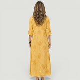 Vestido Largo Bordado Tonal Cuello Volante Lino