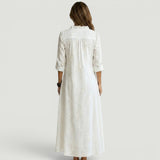 Vestido Largo Bordado Tonal Cuello Volante Lino