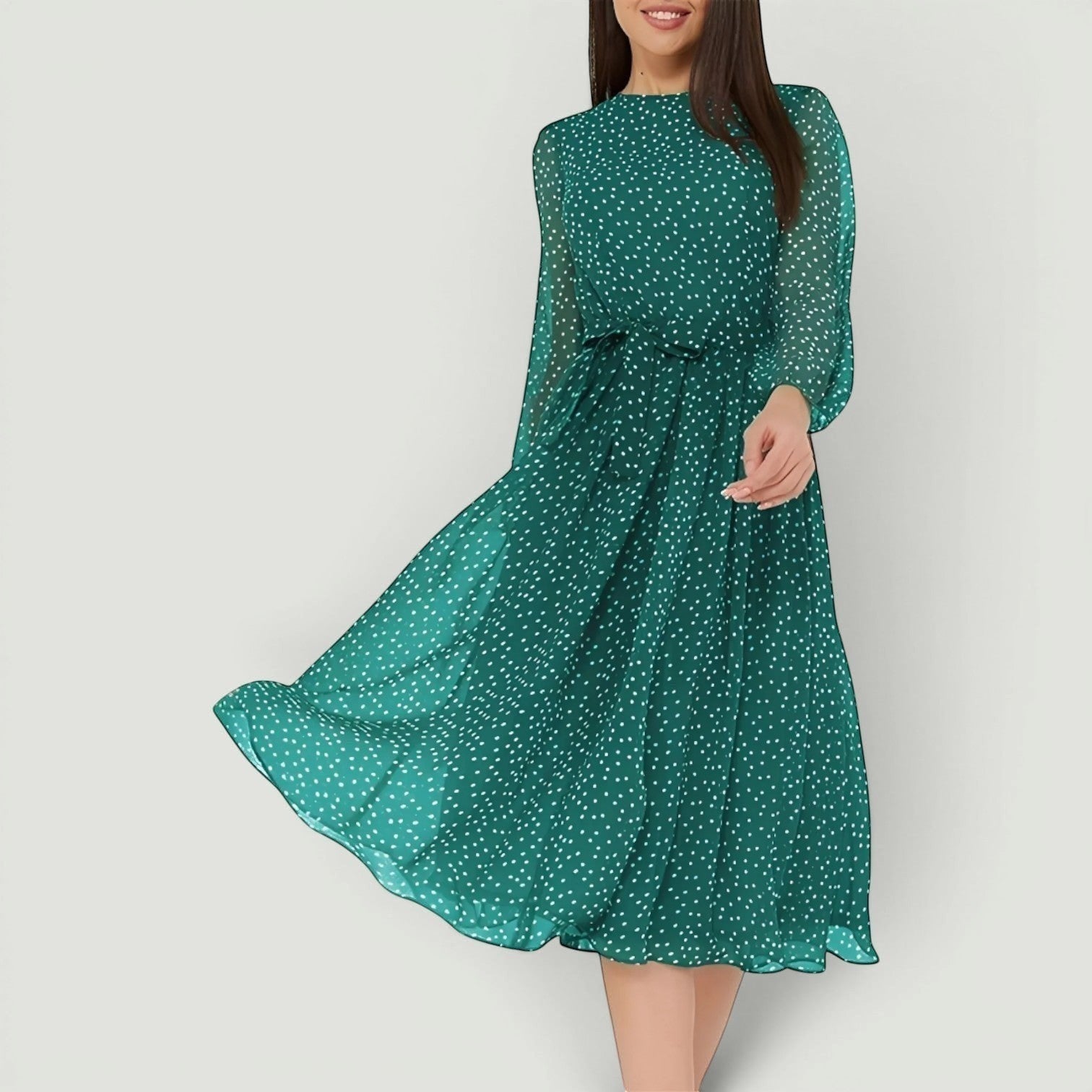 Vestido Midi Lunares Manga Larga Chiffon