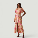 Vestido Largo Tropical Escote V Manga Flutter Fenda