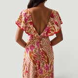 Vestido Largo Tropical Escote V Manga Flutter Fenda