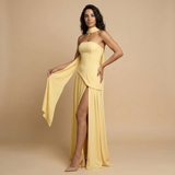 Vestido Largo Bustier Chal Lateral Abertura Frontal Alta
