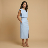 Vestido Midi Botonadura Dorada Hombros Estructura