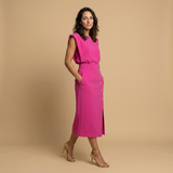 Vestido Midi Botonadura Dorada Hombros Estructura