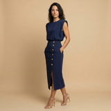 Vestido Midi Botonadura Dorada Hombros Estructura