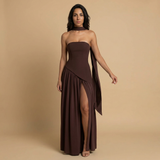 Vestido Largo Bustier Chal Lateral Abertura Frontal Alta