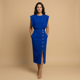 Vestido Midi Botonadura Dorada Hombros Estructura