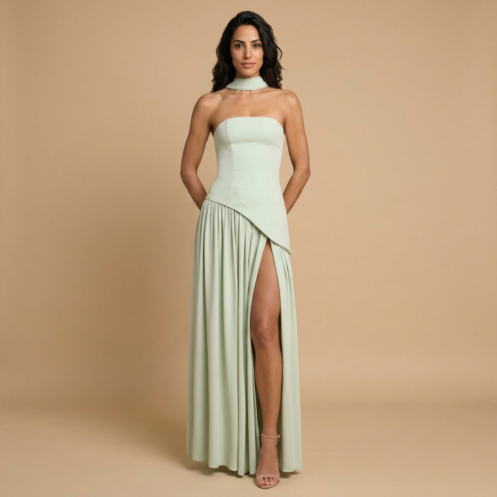 Vestido Largo Bustier Chal Lateral Abertura Frontal Alta