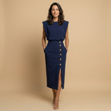Vestido Midi Botonadura Dorada Hombros Estructura