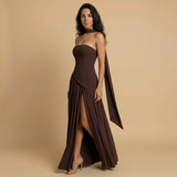 Vestido Largo Bustier Chal Lateral Abertura Frontal Alta