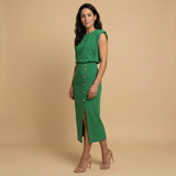 Vestido Midi Botonadura Dorada Hombros Estructura