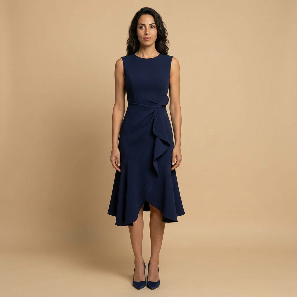 Vestido Midi Crepé Sin Mangas Lazo Lateral