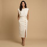 Vestido Midi Botonadura Dorada Hombros Estructura