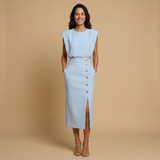 Vestido Midi Botonadura Dorada Hombros Estructura