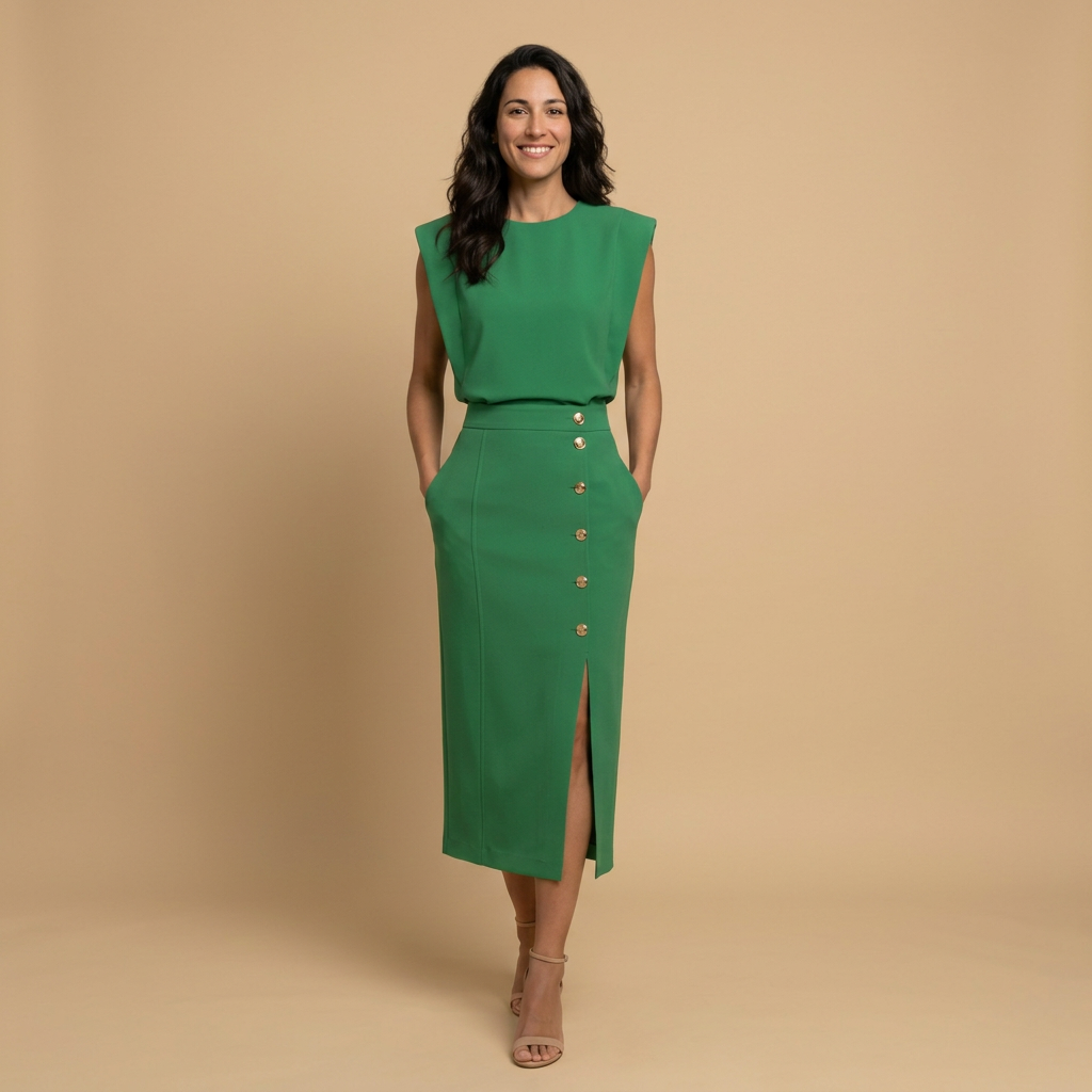 Vestido Midi Botonadura Dorada Hombros Estructura