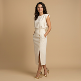 Vestido Midi Botonadura Dorada Hombros Estructura
