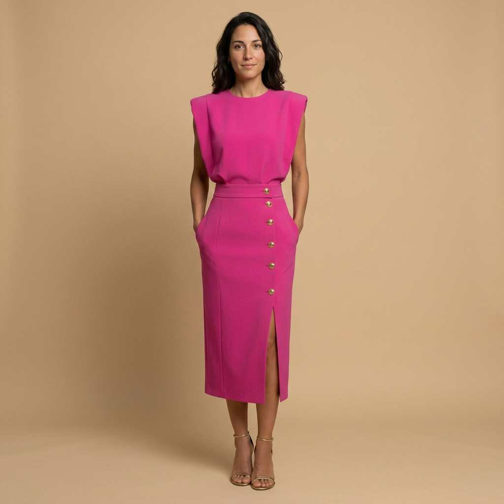 Vestido Midi Botonadura Dorada Hombros Estructura