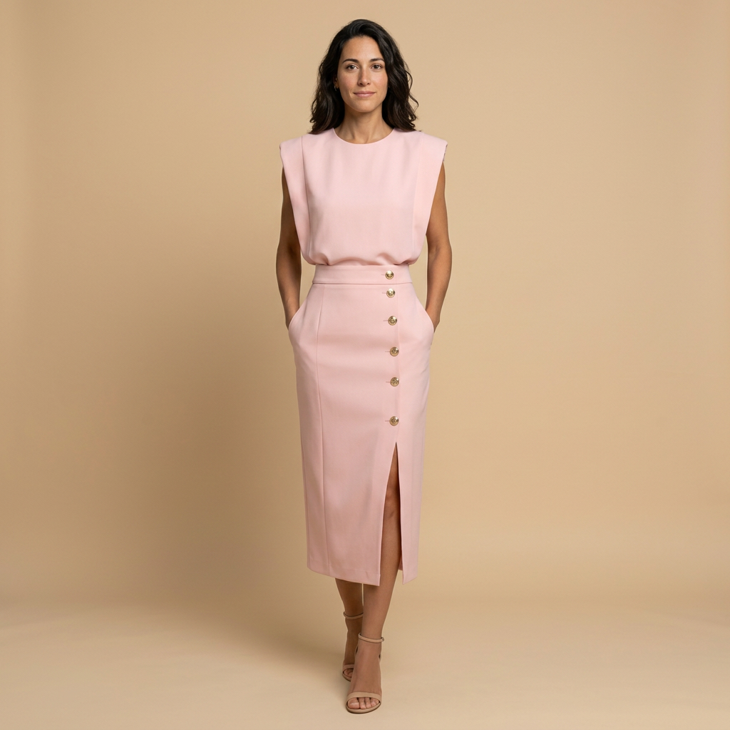 Vestido Midi Botonadura Dorada Hombros Estructura