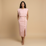 Vestido Midi Botonadura Dorada Hombros Estructura