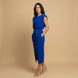 Vestido Midi Botonadura Dorada Hombros Estructura