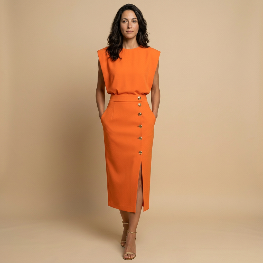 Vestido Midi Botonadura Dorada Hombros Estructura