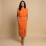 Vestido Midi Botonadura Dorada Hombros Estructura