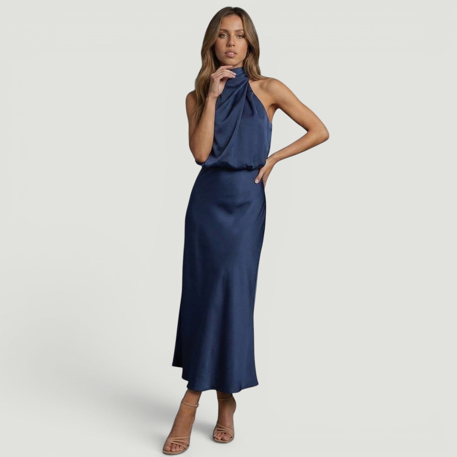 Vestido Midi Satén Halter Cuello Torcido
