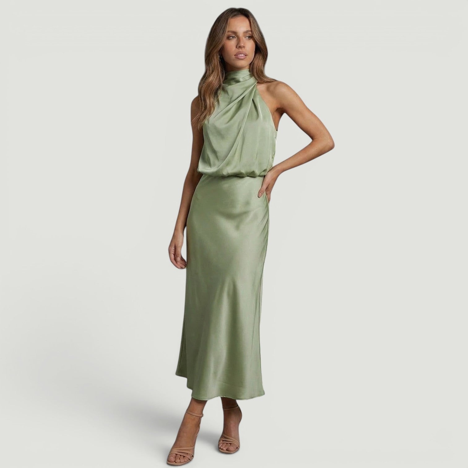 Vestido Midi Satén Halter Cuello Torcido