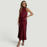 Vestido Midi Satén Halter Cuello Torcido