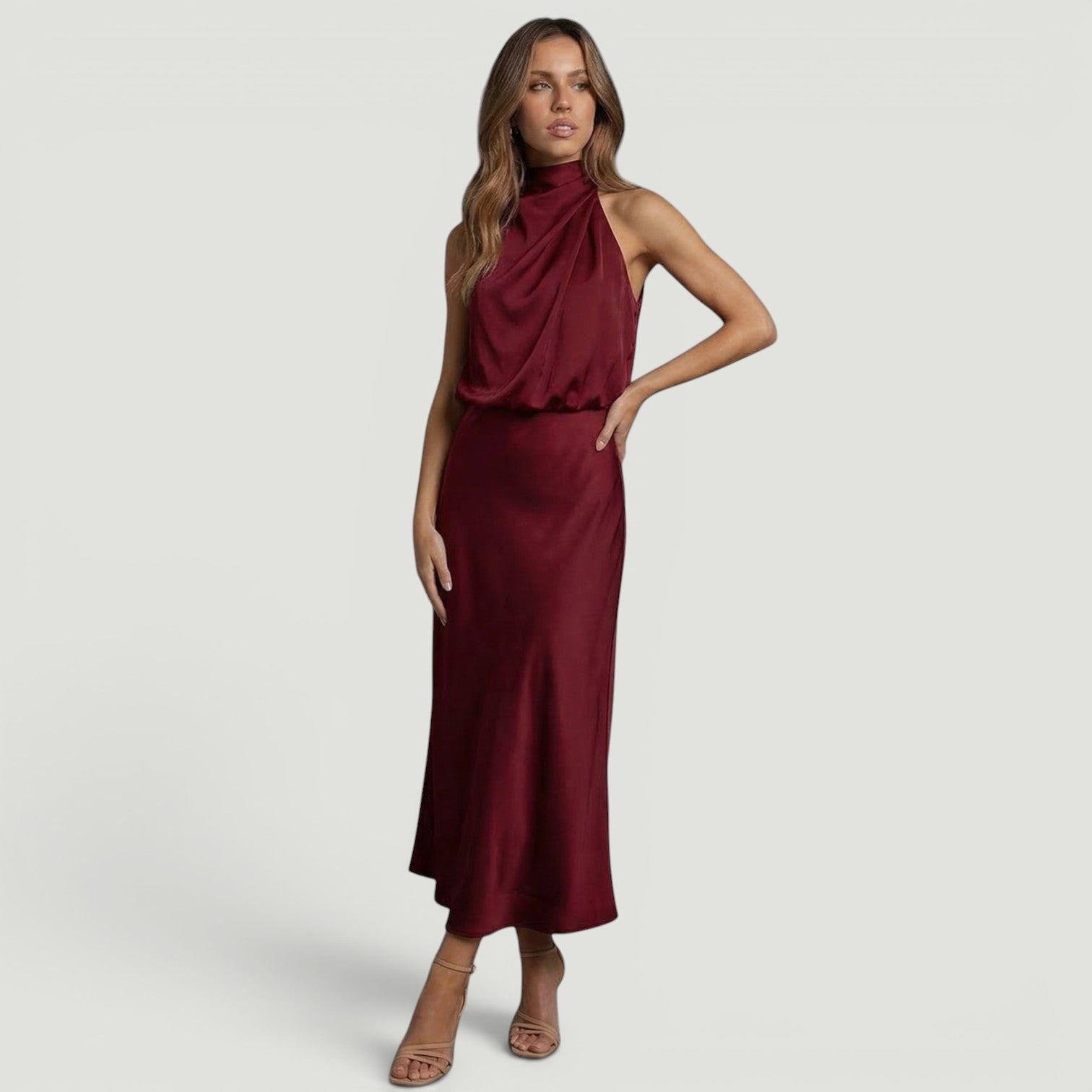 Vestido Midi Satén Halter Cuello Torcido