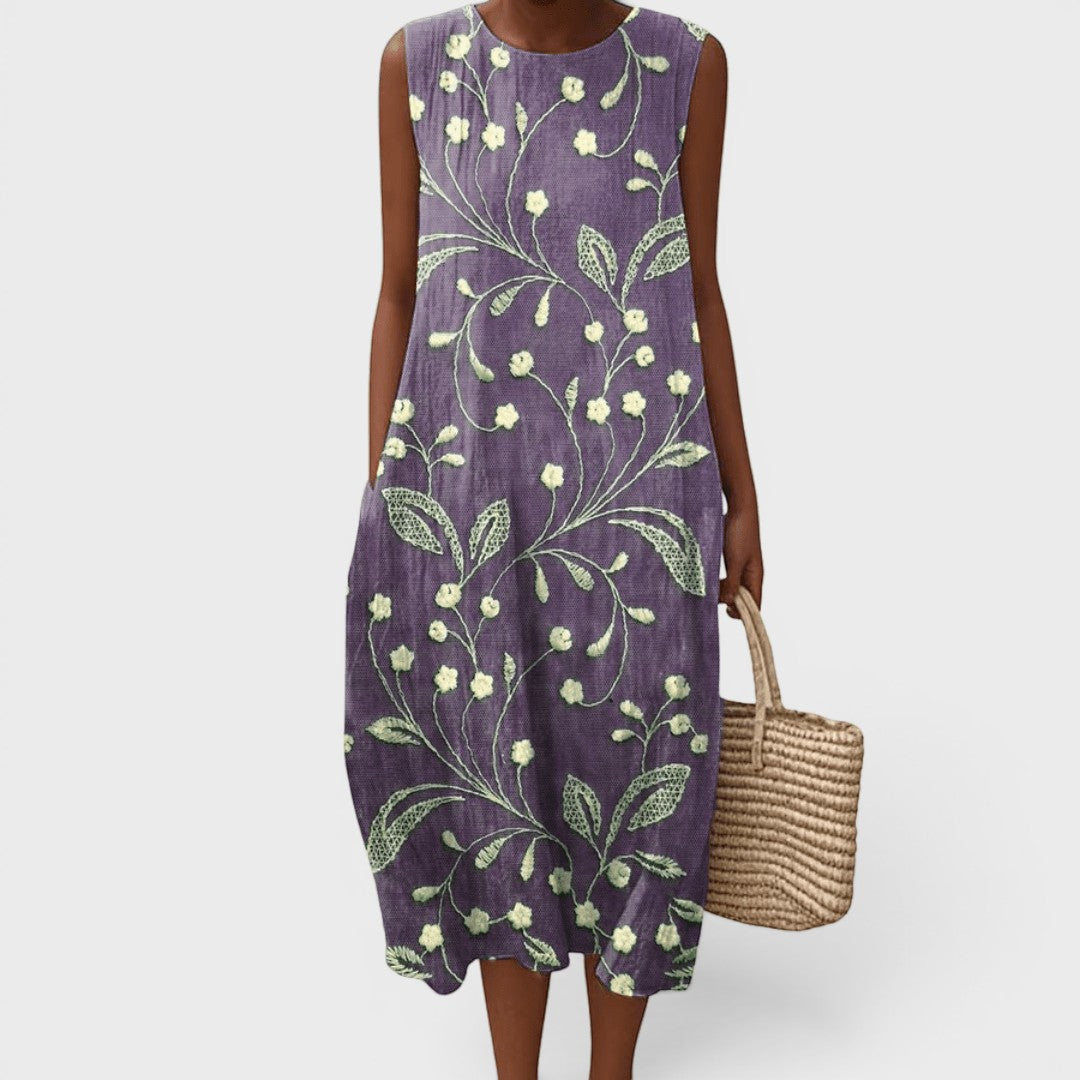 Vestido Midi Bordado Sin Mangas Casual