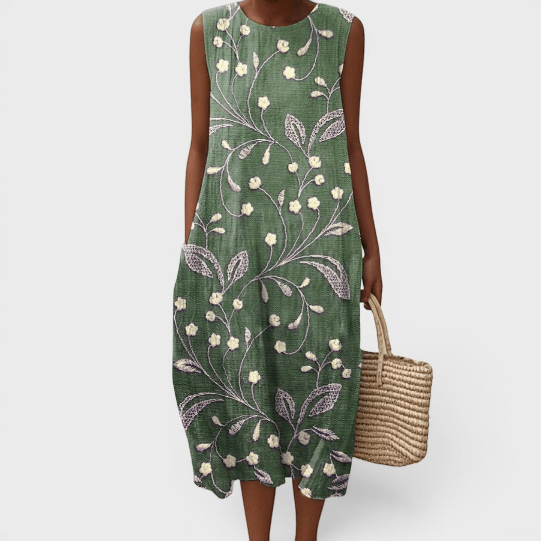 Vestido Midi Bordado Sin Mangas Casual