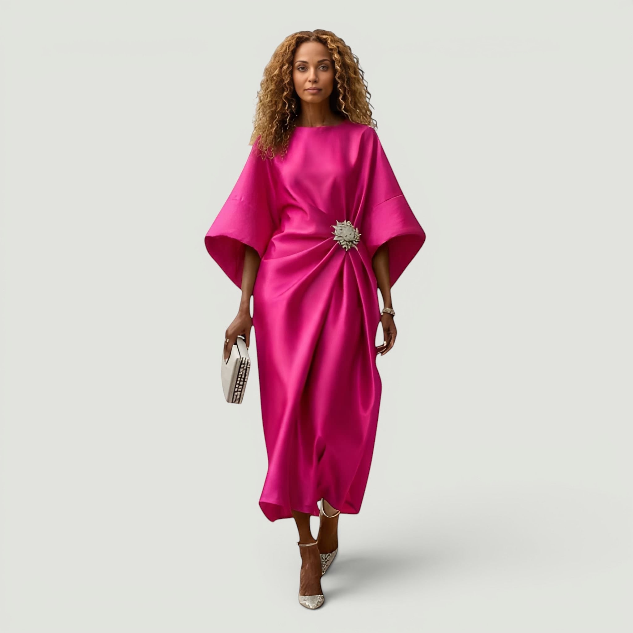 Vestido Midi Satén Manga Kimono