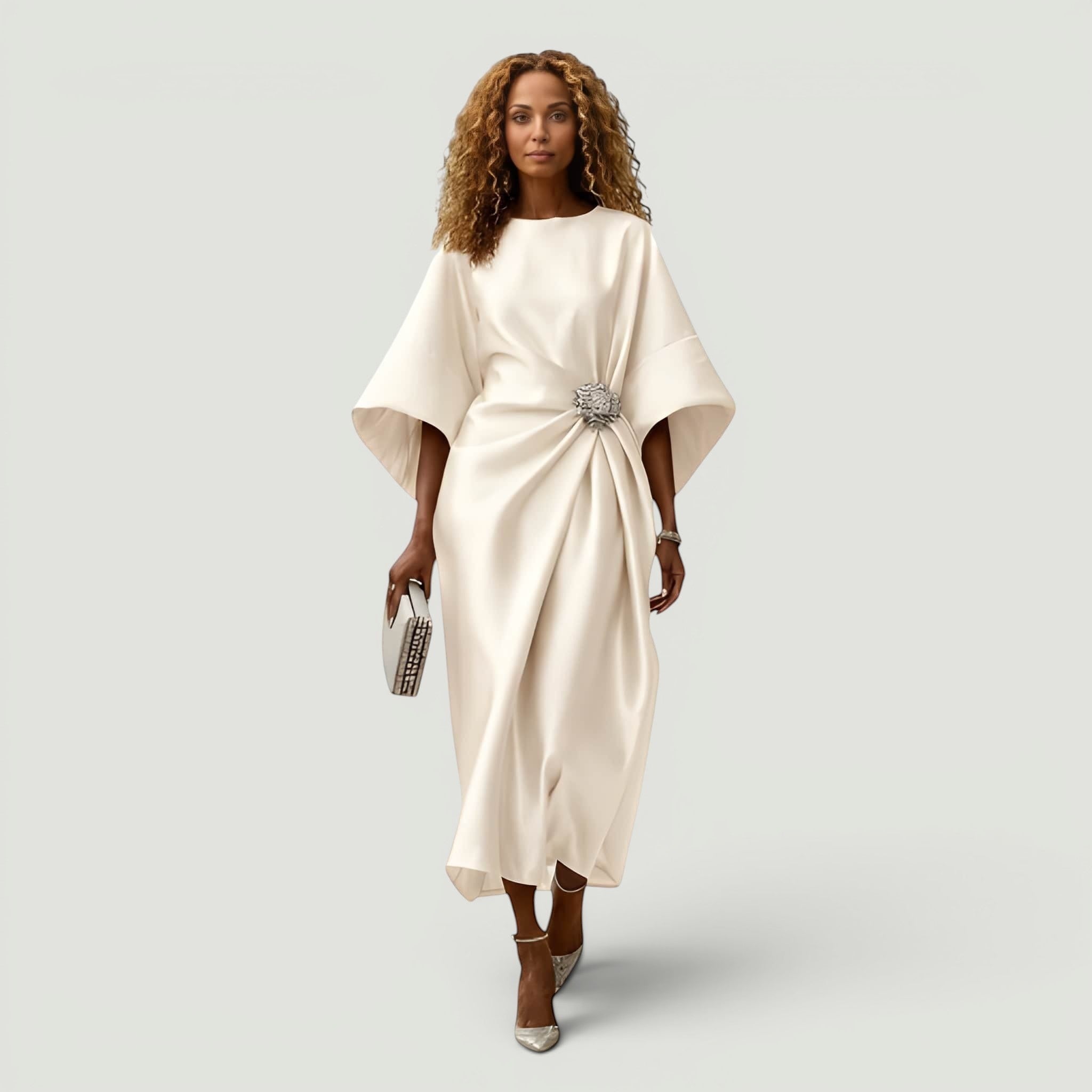 Vestido Midi Satén Manga Kimono