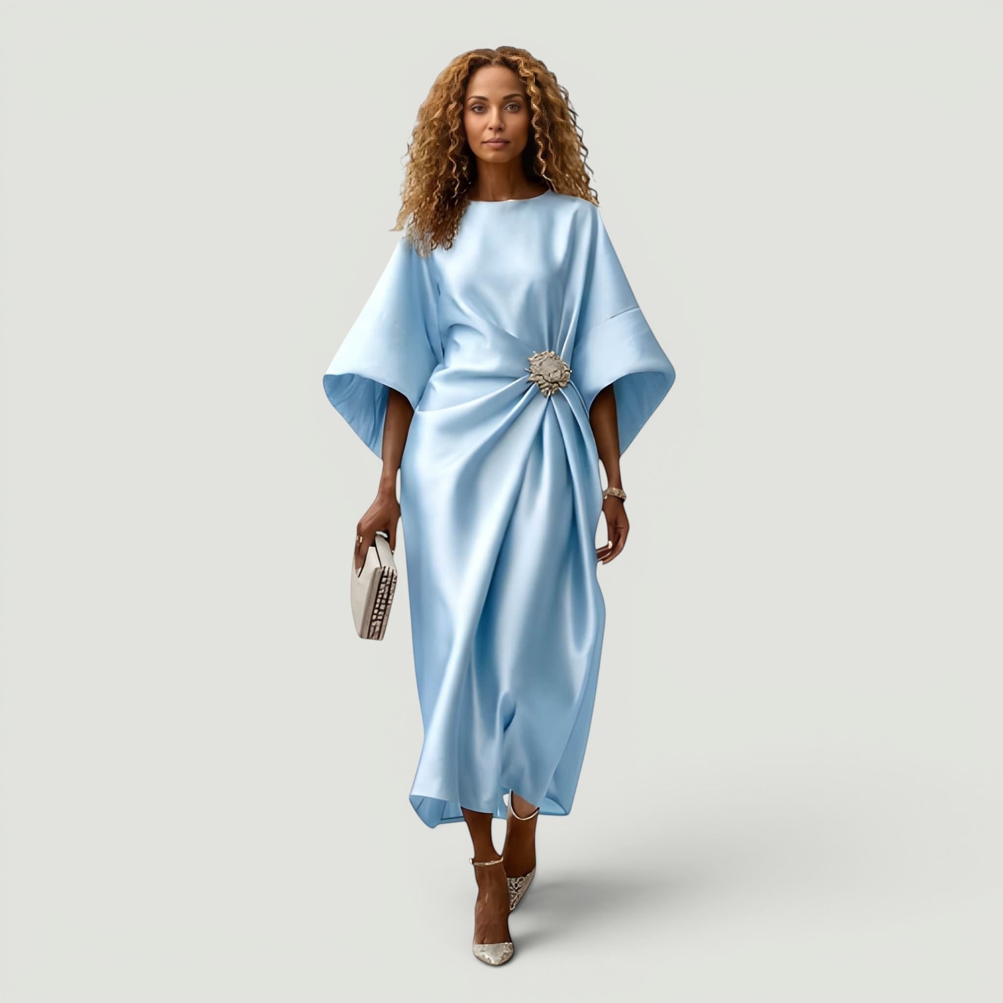 Vestido Midi Satén Manga Kimono