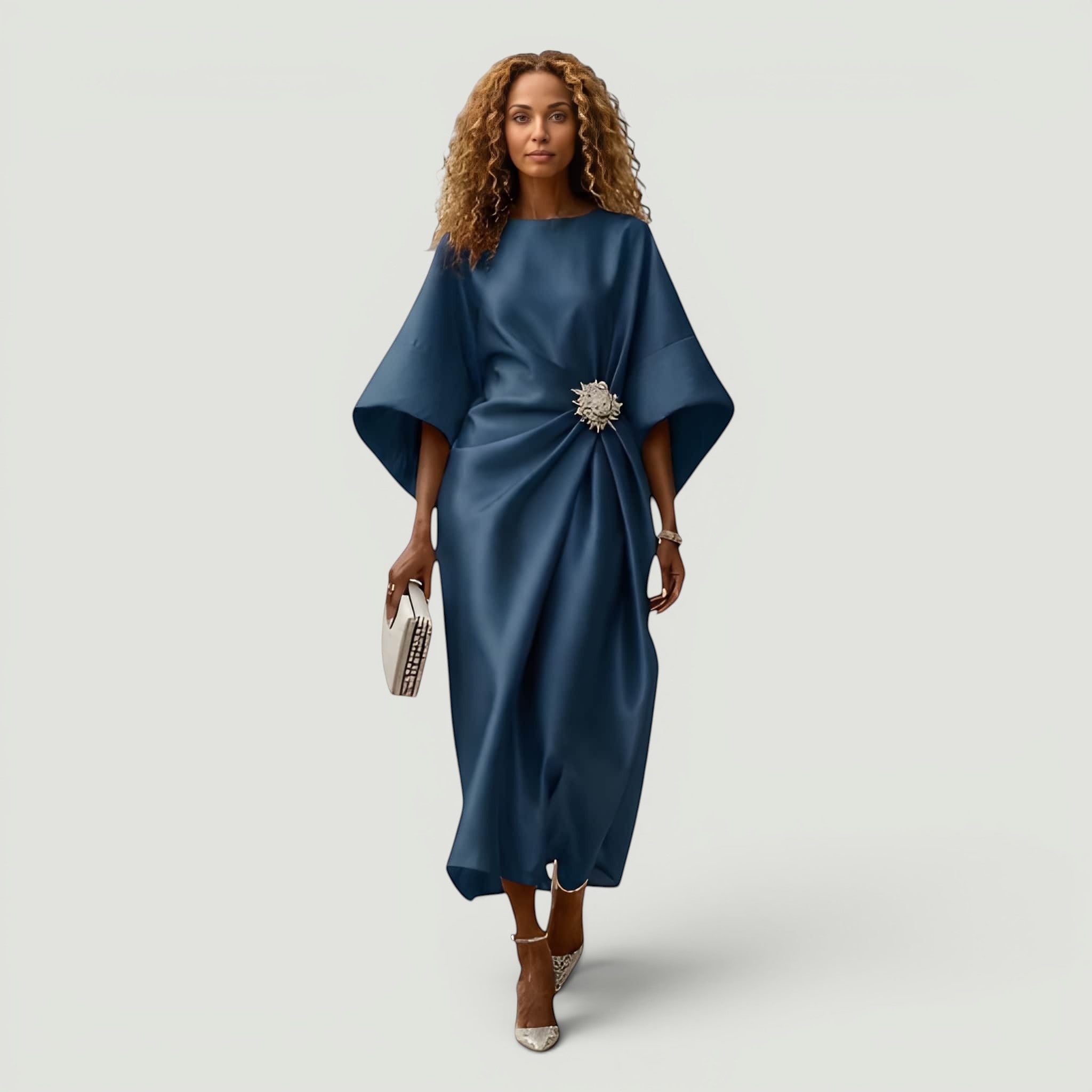 Vestido Midi Satén Manga Kimono